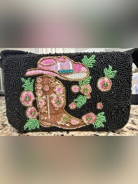 NWOT Viral Studio 12 Beaded Floral Cowgirl Boots Shoulder Bag Cowboy Hat Black